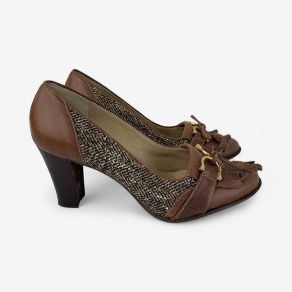 Talbots Margot Block Heel Pumps 9.5 Brown Tweed Leather Womens Shoes Academia - Picture 1 of 16